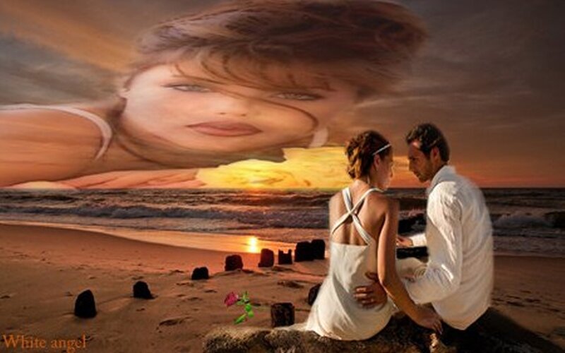 Couple on Beach at Sunset — Orange, Romantic, Digital Art, Woman's Face