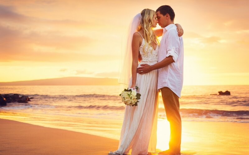Couple on Beach at Sunset — Orange, Romantic, Photograph, Bride, Groom