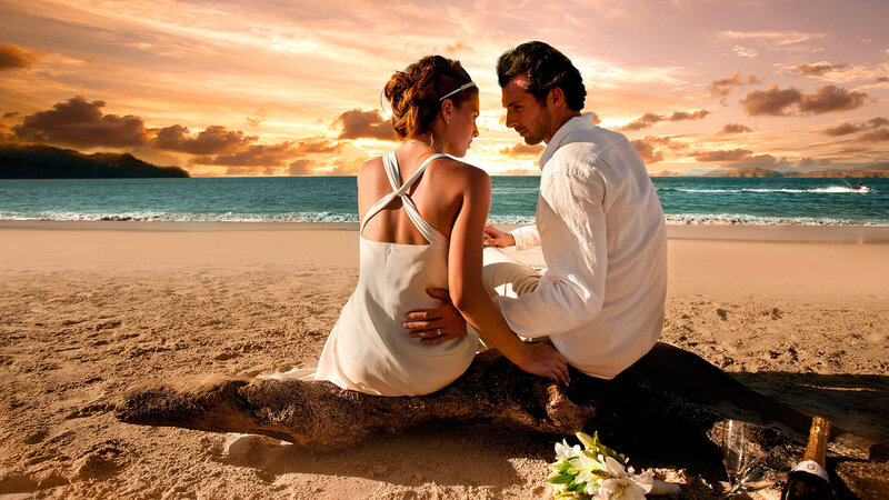 Couple on Beach at Sunset — Orange, Romantic, Photograph, Driftwood