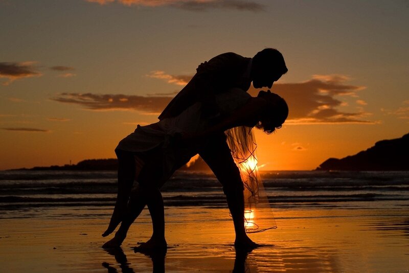 Couple on Beach at Sunset — Orange, Romantic, Photograph, Ocean