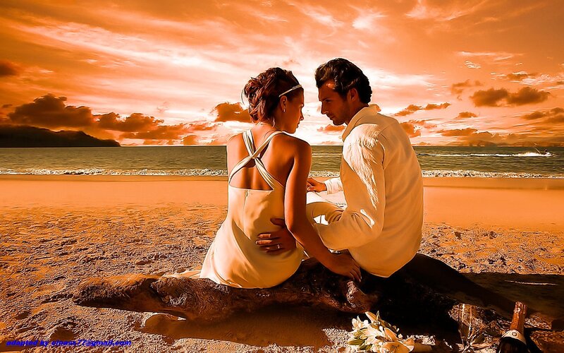 Couple on Beach at Sunset — Orange, Romantic, Photograph