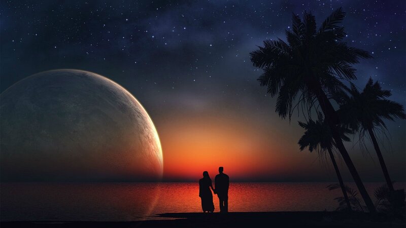 Couple on Beach at Sunset — Orange, Serene, Digital Art, Planet, Palm Trees