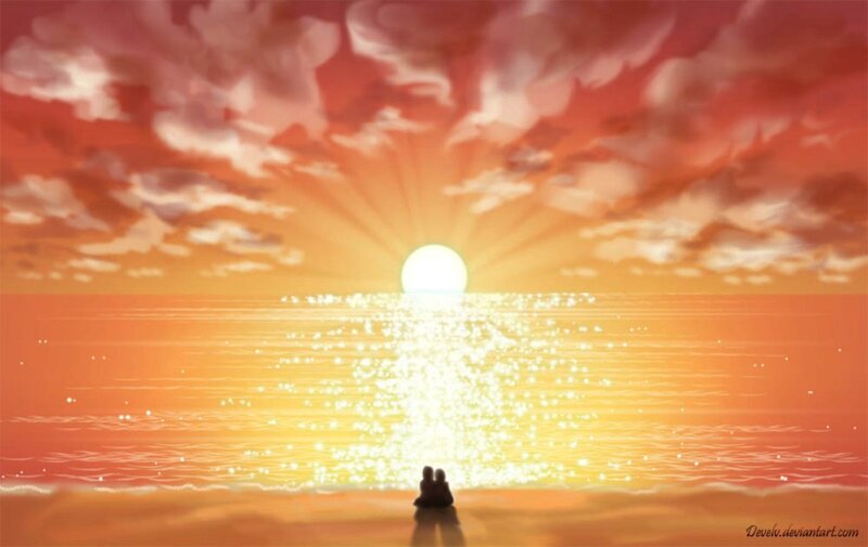 Couple on Beach at Sunset — Orange, Serene, Digital Art, Sun