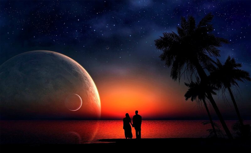 Couple on Beach at Sunset — Orange, Serene, Digital Art