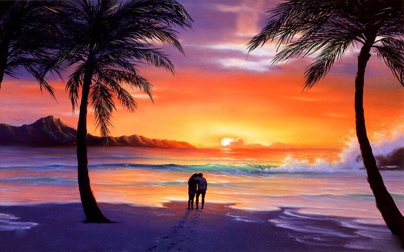 Couple on Beach at Sunset — Orange, Serene, Painting, Palm Trees
