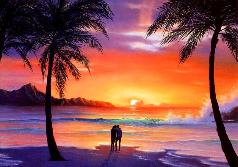 Couple on Beach at Sunset — Orange, Serene, Painting