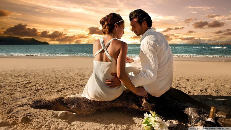 Couple on Beach at Sunset — Orange, Serene, Photograph, Driftwood, Champagne