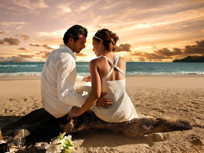 Couple on Beach at Sunset — Orange, Serene, Photograph, Driftwood