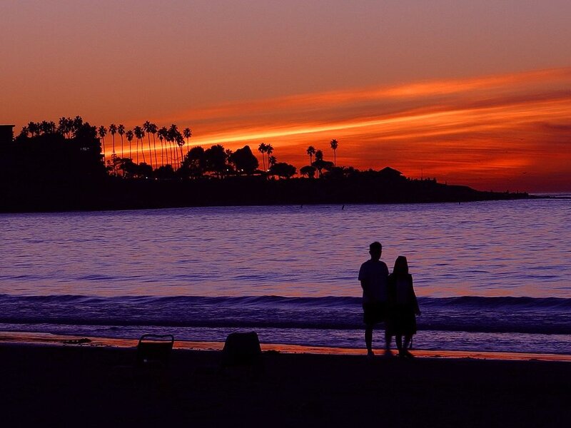 Couple on Beach at Sunset — Orange, Serene, Photograph, Silhouette