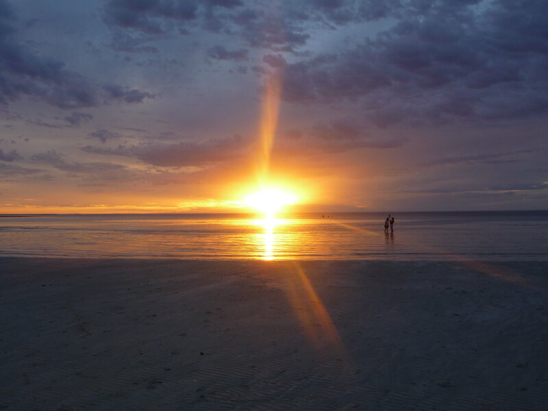 Couple on Beach at Sunset — Orange, Serene, Photograph, Sun, Ocean