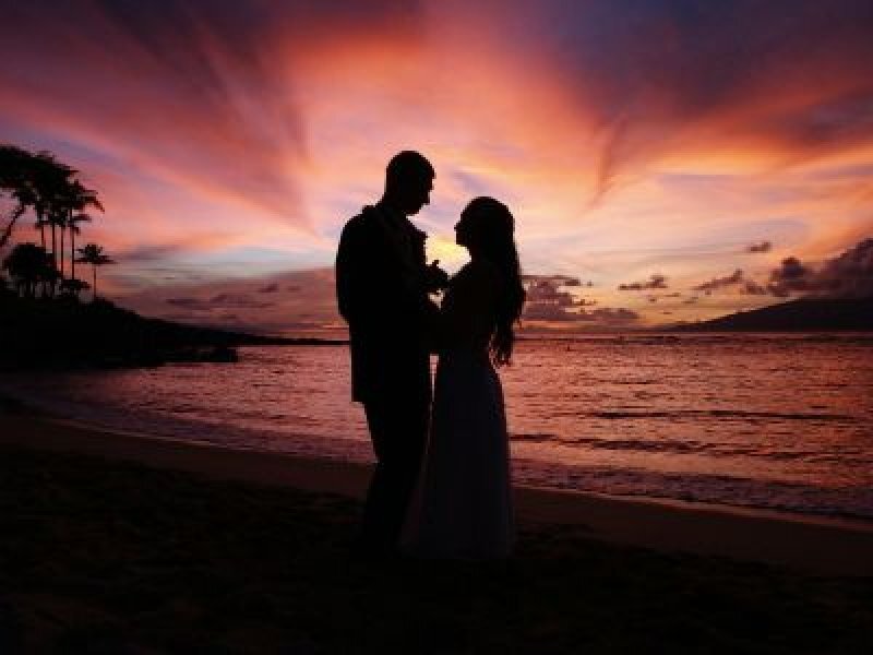 Couple on Beach at Sunset — Purple, Romantic
