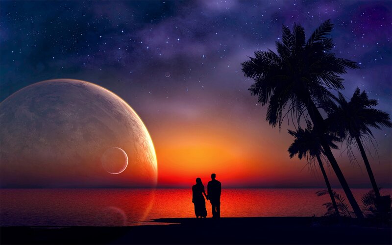 Couple on Beach at Sunset — Purple, Serene, Digital Art, Palm Trees