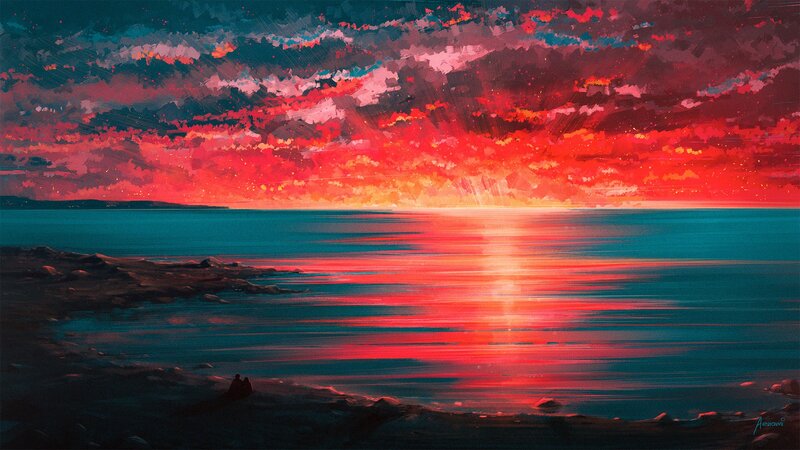 Couple on Beach at Sunset — Red, Dramatic, Digital Art
