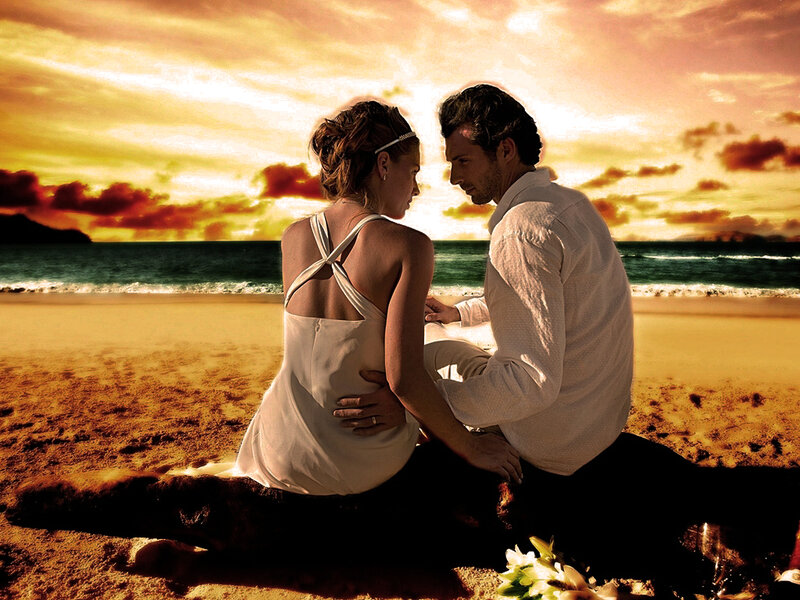 Couple on Beach at Sunset — Yellow, Romantic