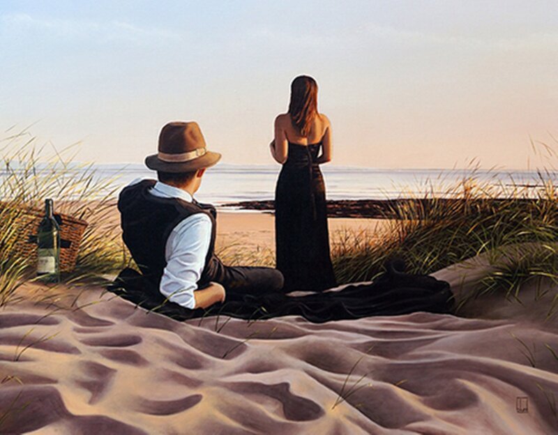 Couple on Beach — Beige, Serene, Sunset, Painting