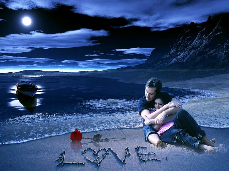 Couple on Beach — Blue, Romantic, Night, Digital Art, Moon