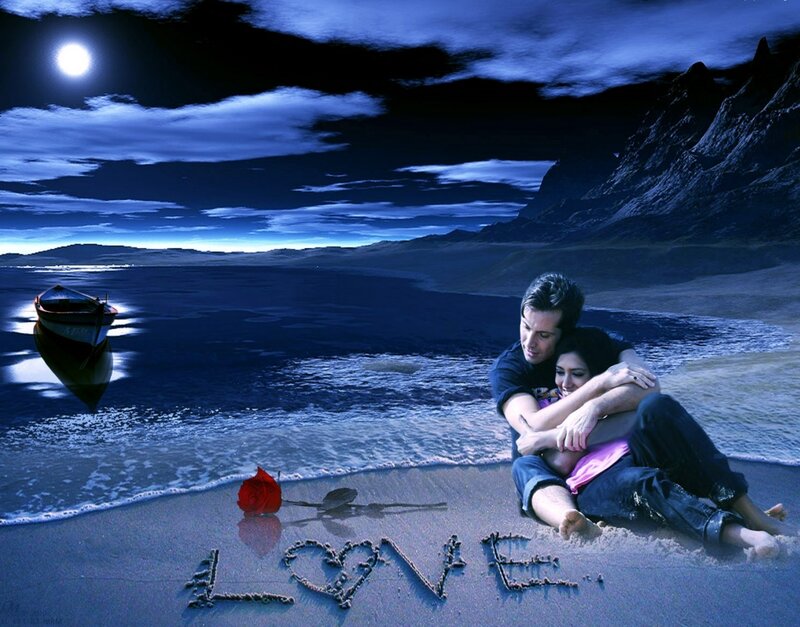 Couple on Beach — Blue, Romantic, Night, Digital Art
