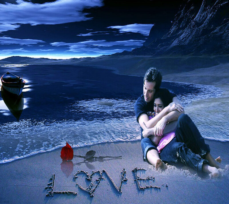 Couple on Beach — Blue, Romantic, Night