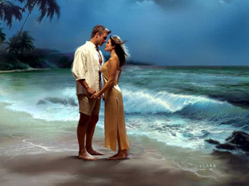 Couple on Beach — Blue, Romantic, Sunset, Digital Art