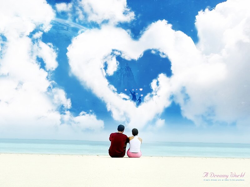 Couple on Beach — Blue, Serene, Afternoon, Digital Art, Clouds