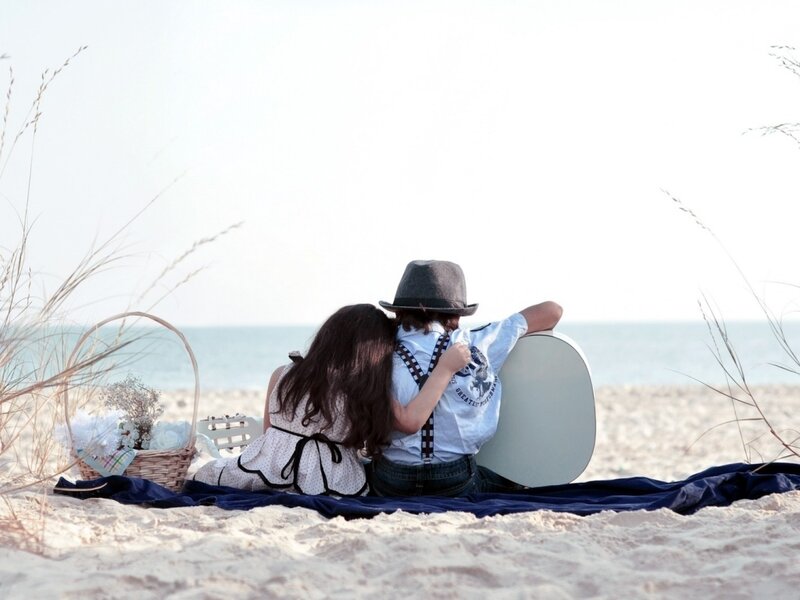 Couple on Beach — Blue, Serene, Afternoon, Photograph, Basket