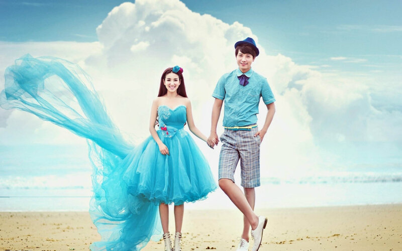 Couple on Beach — Blue, Serene, Afternoon, Photograph, Dress