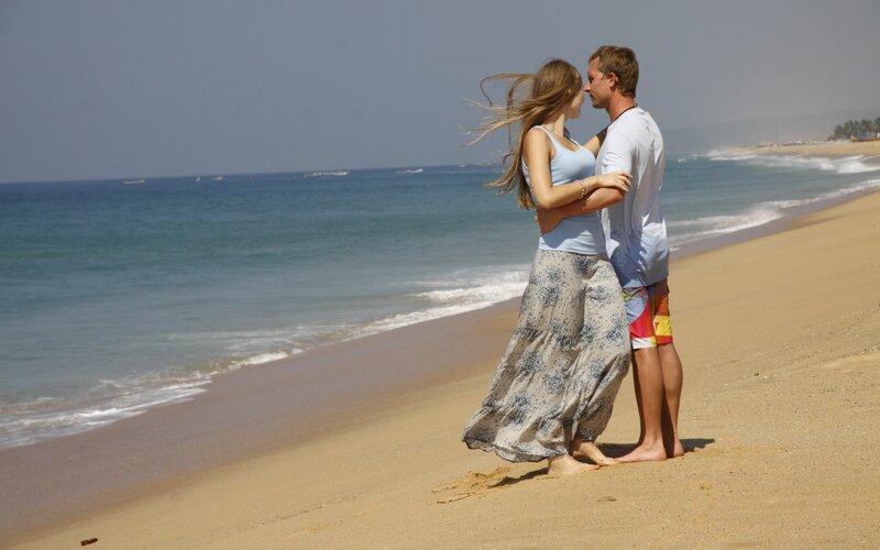 Couple on Beach — Blue, Serene, Afternoon, Photograph, Ocean, Sand, Sky