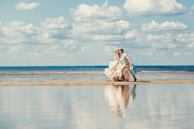 Couple on Beach — Blue, Serene, Afternoon, Photograph, Ocean, Sky