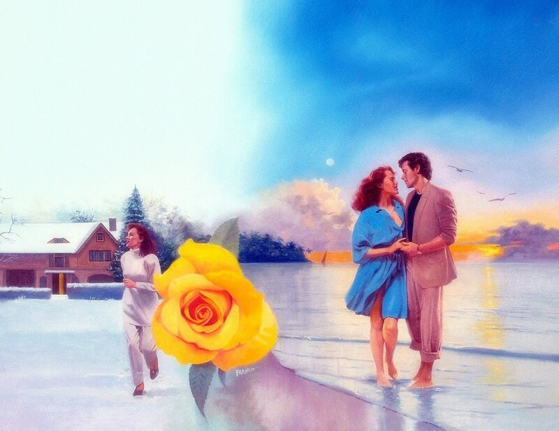 Couple on Beach — Blue, Serene, Sunset, Painting