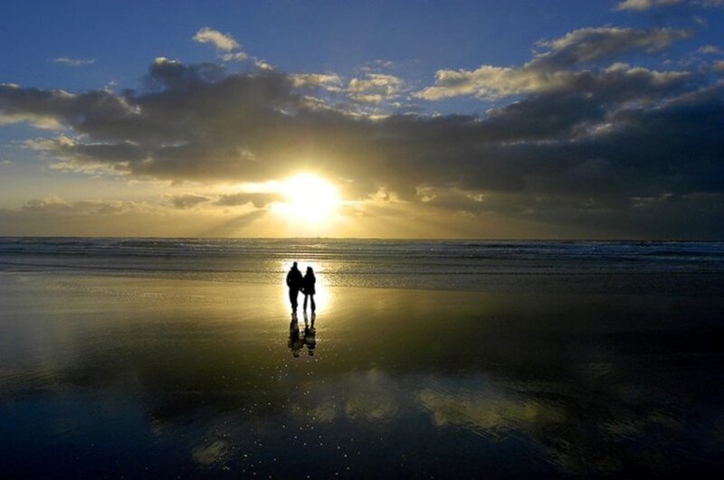 Couple on Beach — Blue, Serene, Sunset
