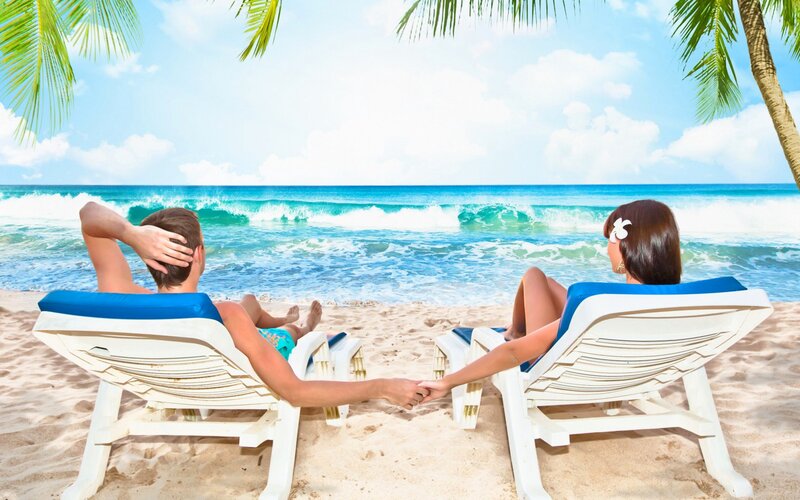 Couple on Beach Chairs — Blue, Relaxed, Afternoon, Photograph, Ocean