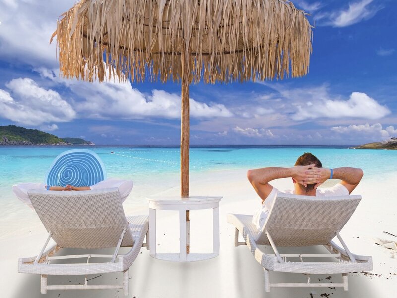 Couple on Beach Chairs — Blue, Relaxed, Afternoon, Photograph