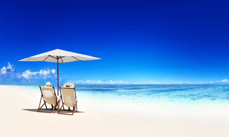 Couple on Beach Chairs — Blue, Serene, Afternoon