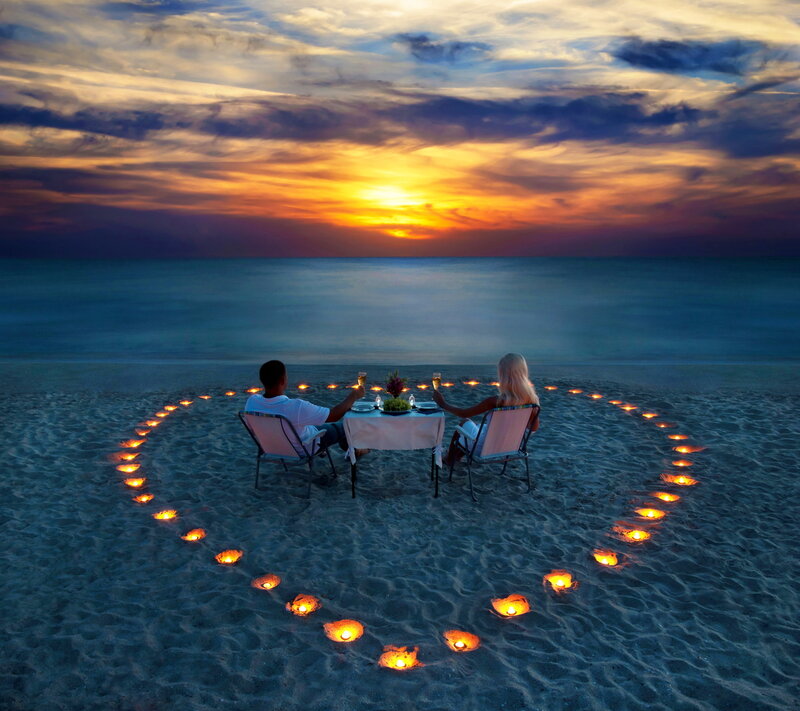 Couple on Beach Dinner — Blue, Romantic, Sunset, Photograph