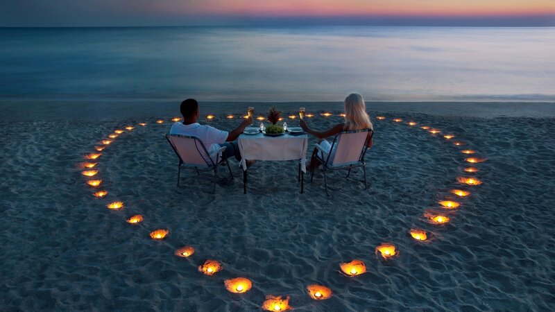 Couple on Beach Dinner — Blue, Romantic, Sunset