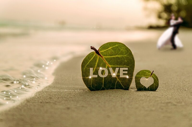 Couple on Beach — Green, Romantic, Sunset
