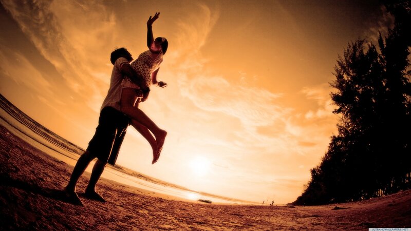Couple on Beach — Orange, Dramatic, Sunset, Photograph, Sand, Trees, Sky, Brown