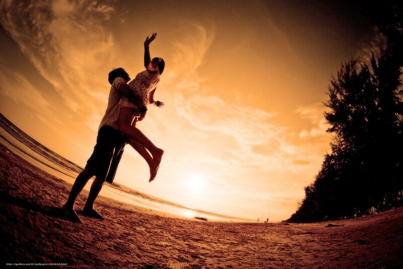 Couple on Beach — Orange, Dramatic, Sunset, Photograph, Sand, Trees