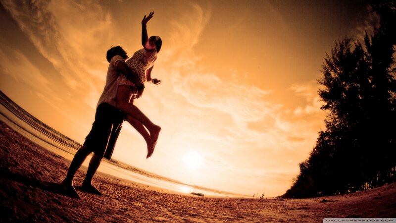Couple on Beach — Orange, Dramatic, Sunset, Photograph