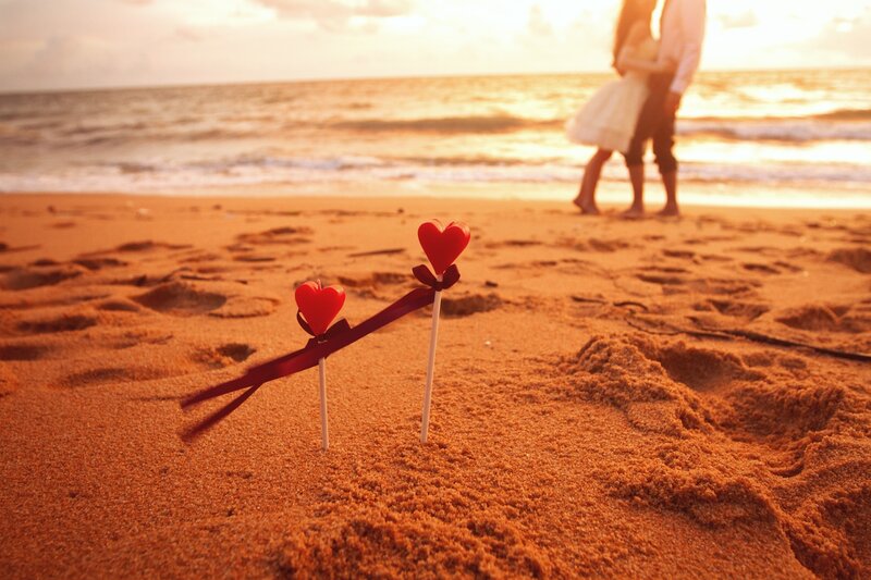 Couple on Beach — Orange, Romantic, Sunset, Photograph, Hearts