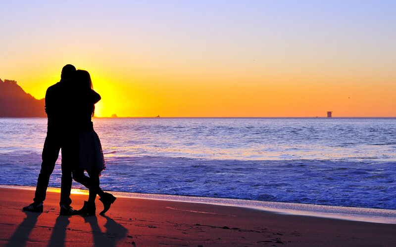 Couple on Beach — Orange, Serene, Sunset, Photograph