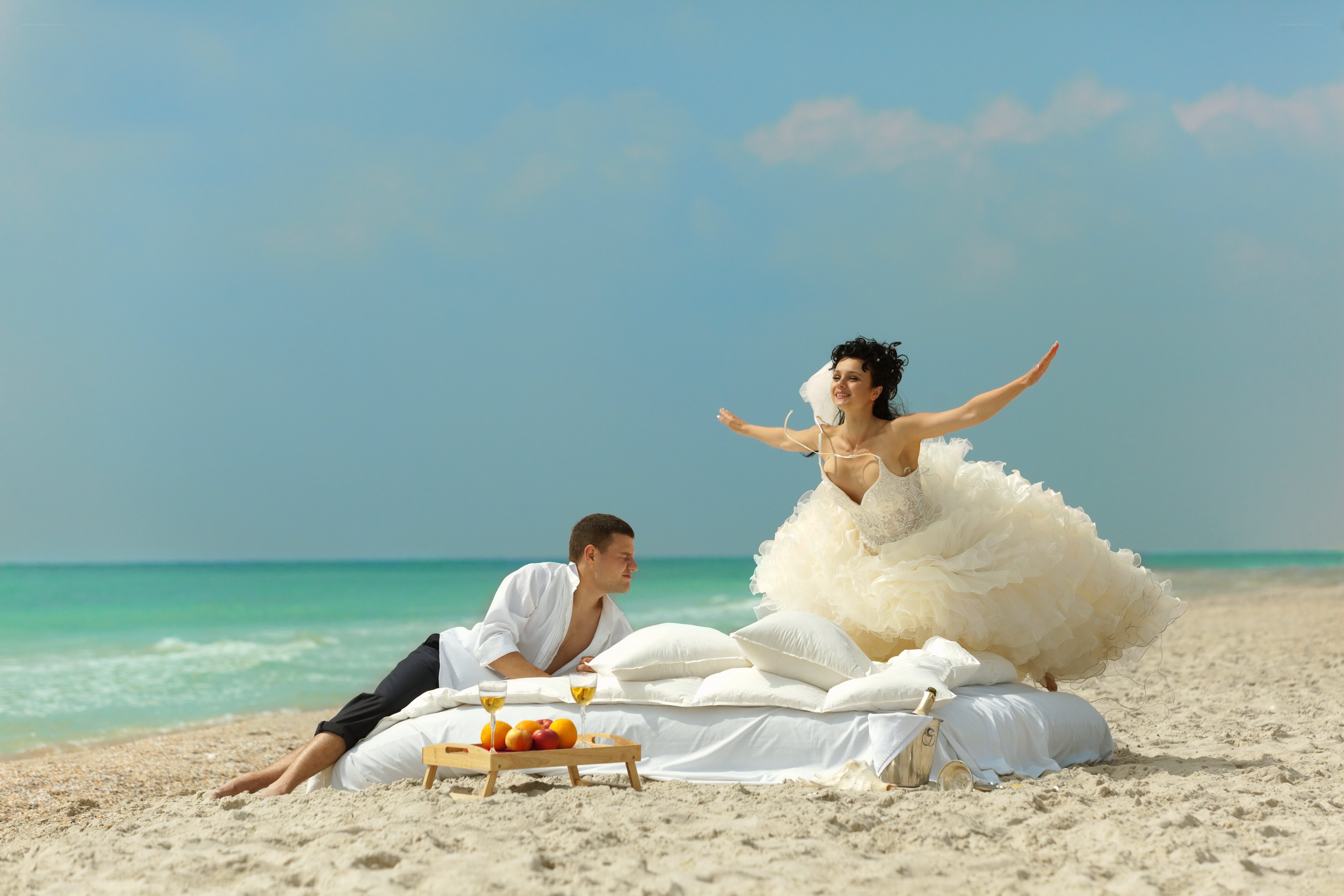 Couple on beach wedding day