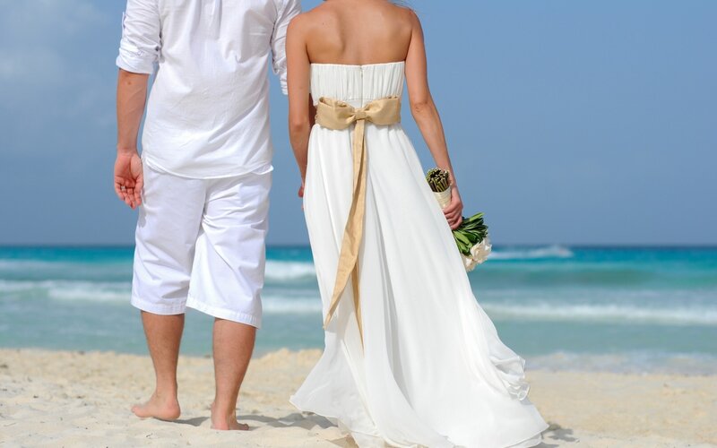 Couple on Beach — White, Serene, Afternoon, Photograph, Bride, Groom
