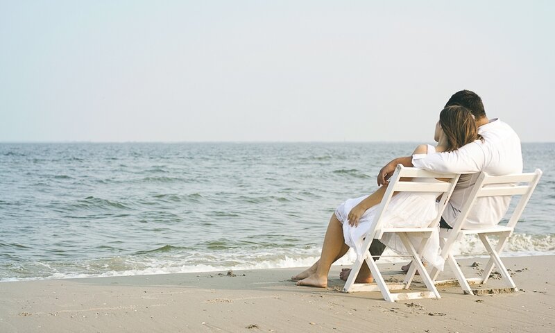 Couple on Beach — White, Serene, Afternoon, Photograph, Chairs, Ocean