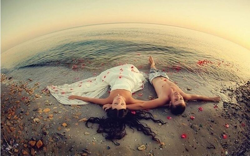 Couple on Beach — White, Serene, Sunset, Photograph
