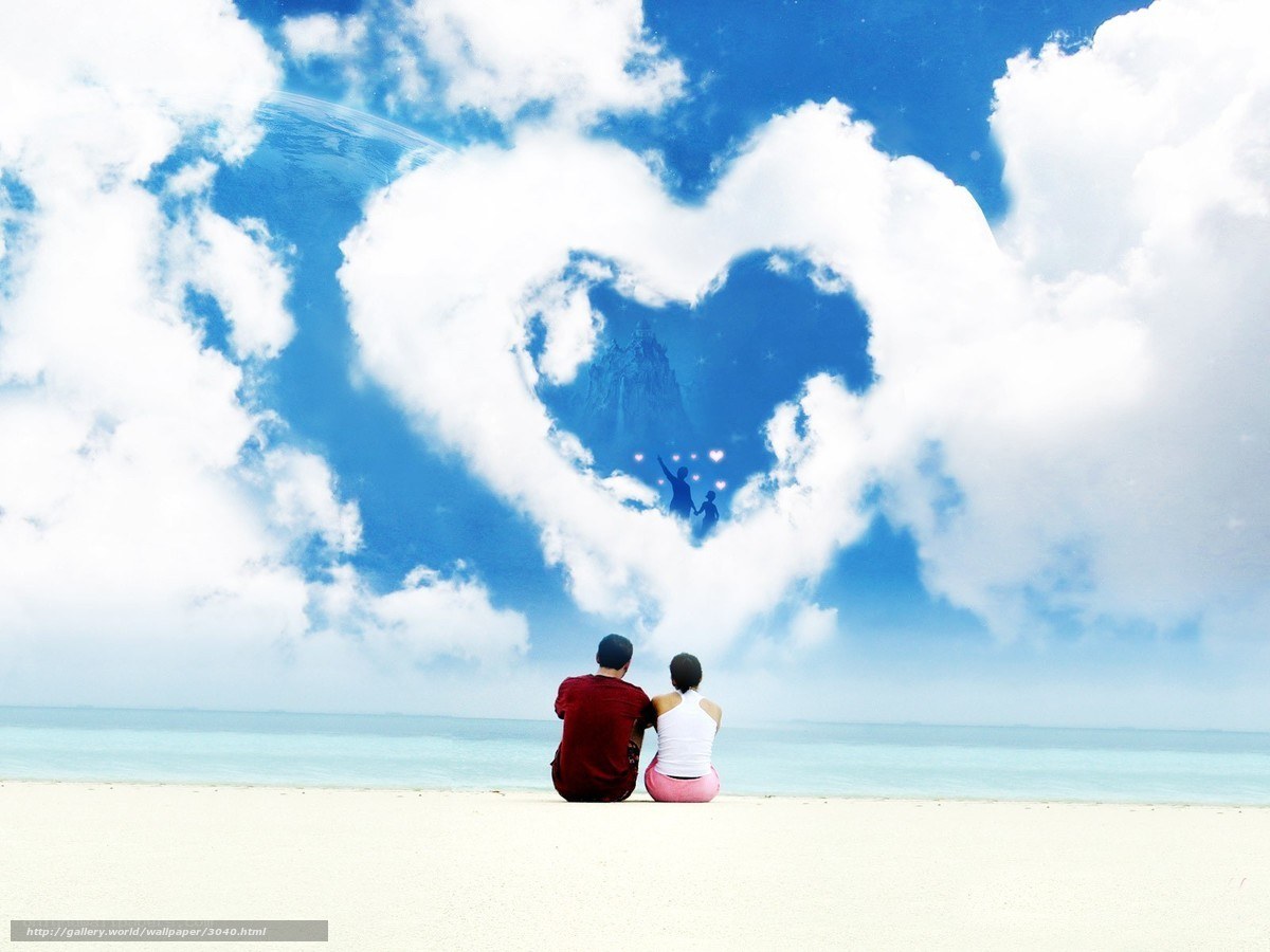 Couple on beach with heart cloud