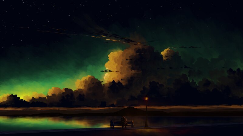 Couple on Bench at Night — Green