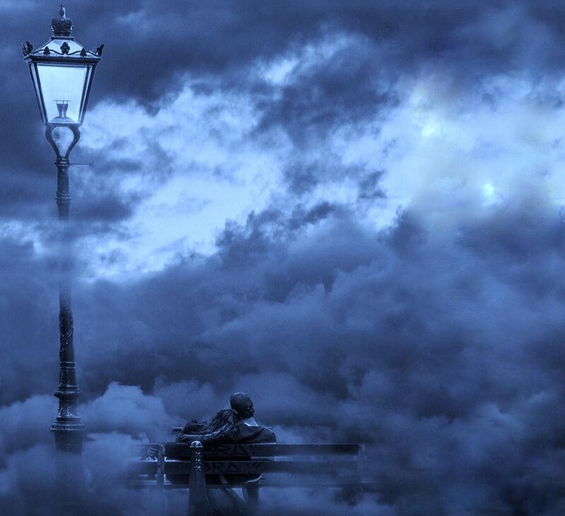 Couple on Bench — Blue, Dramatic, Night