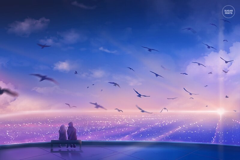 Couple on Bench — Blue, Serene, Sunset, Digital Art