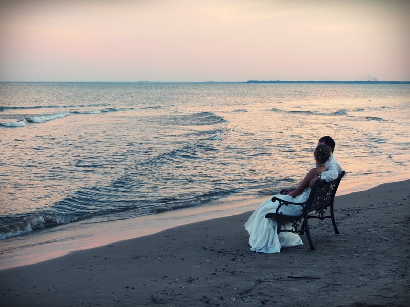 Couple on Bench — Blue, Serene, Sunset, Photograph, Ocean
